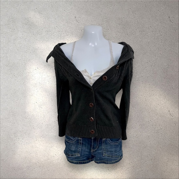 Early 2000s American Eagle Dark Academia Hooded Cable Knit Cardigan Sweater - Picture 2 of 9